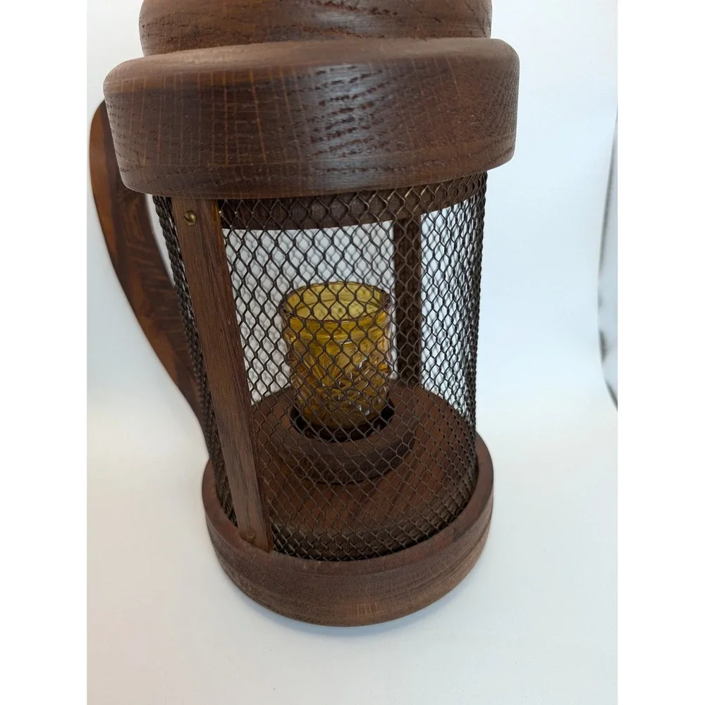 Vintage Rustic Wood Mesh Lantern Amber Glass Votive Candle Holder with Handle
